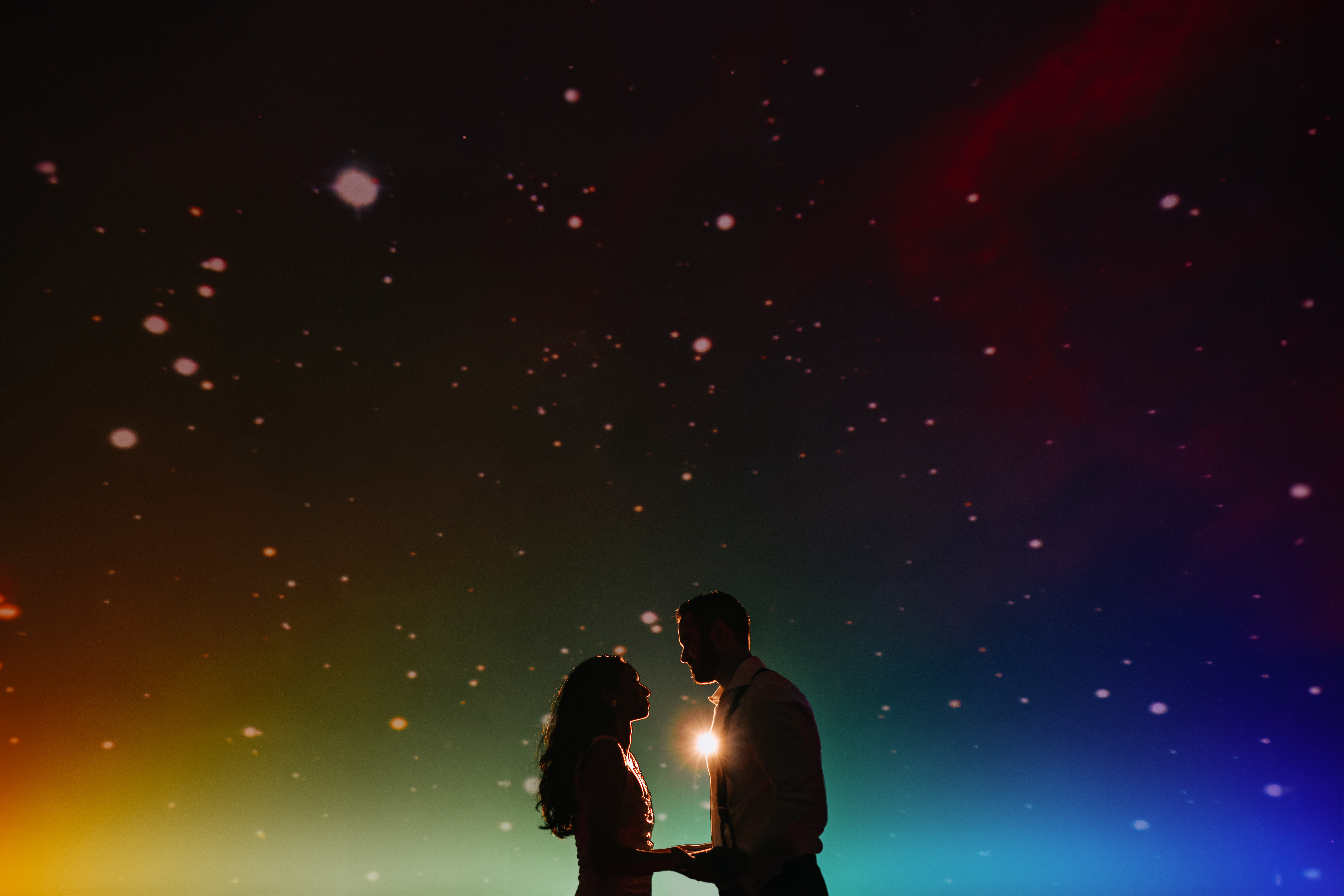 a couple stands in front of a big starry sky exhibit at the Adler Planetarium in chicago